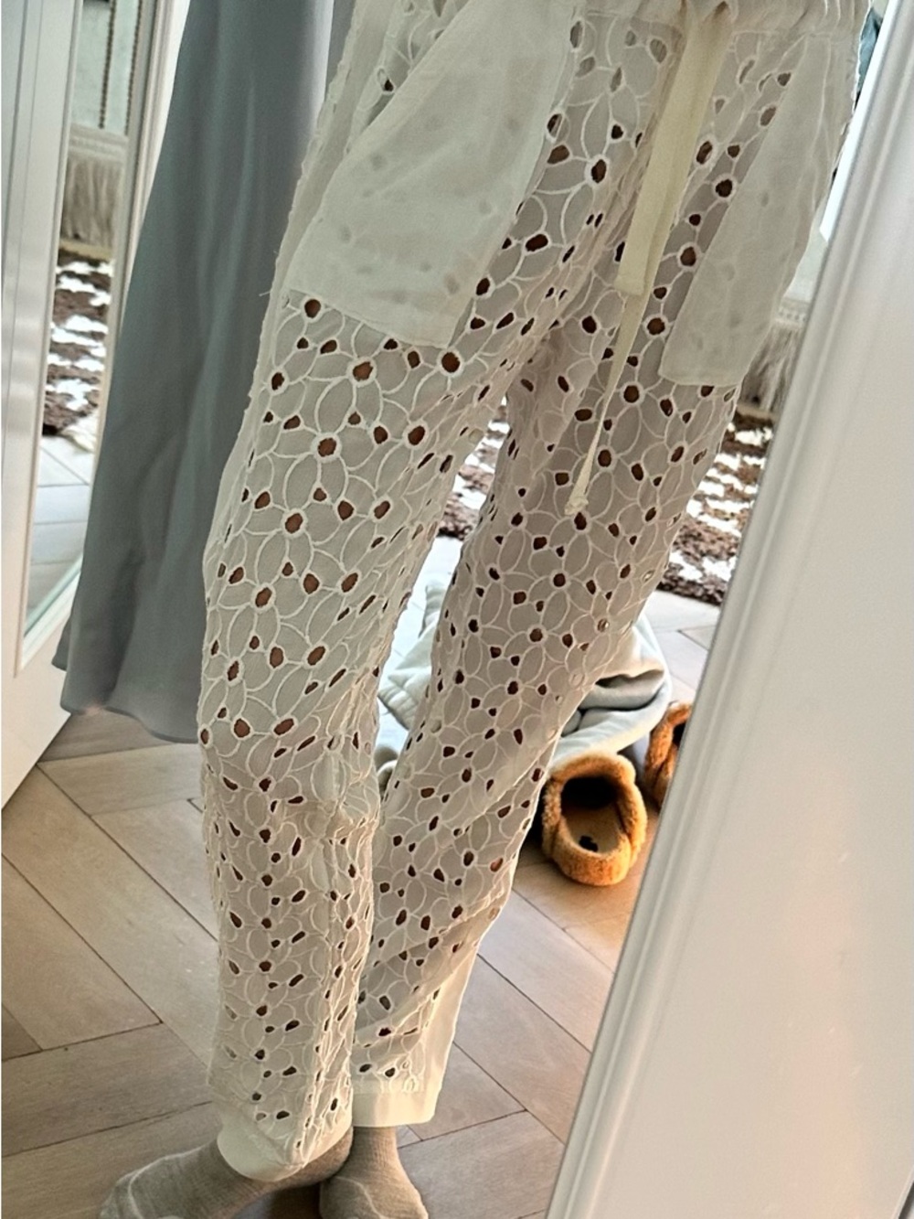 Crochet Eyelet Straight-Leg Pants - Cream